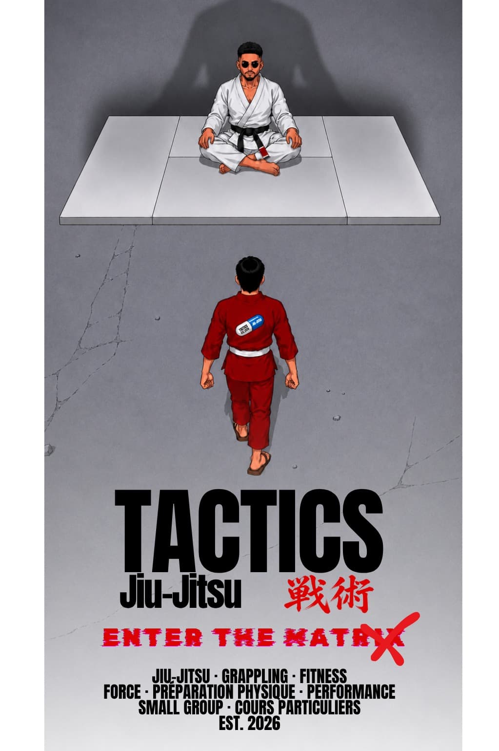 Affiche du club : un pratiquant en kimono rouge s'avance vers un professeur assis en tailleur sur le tatami.