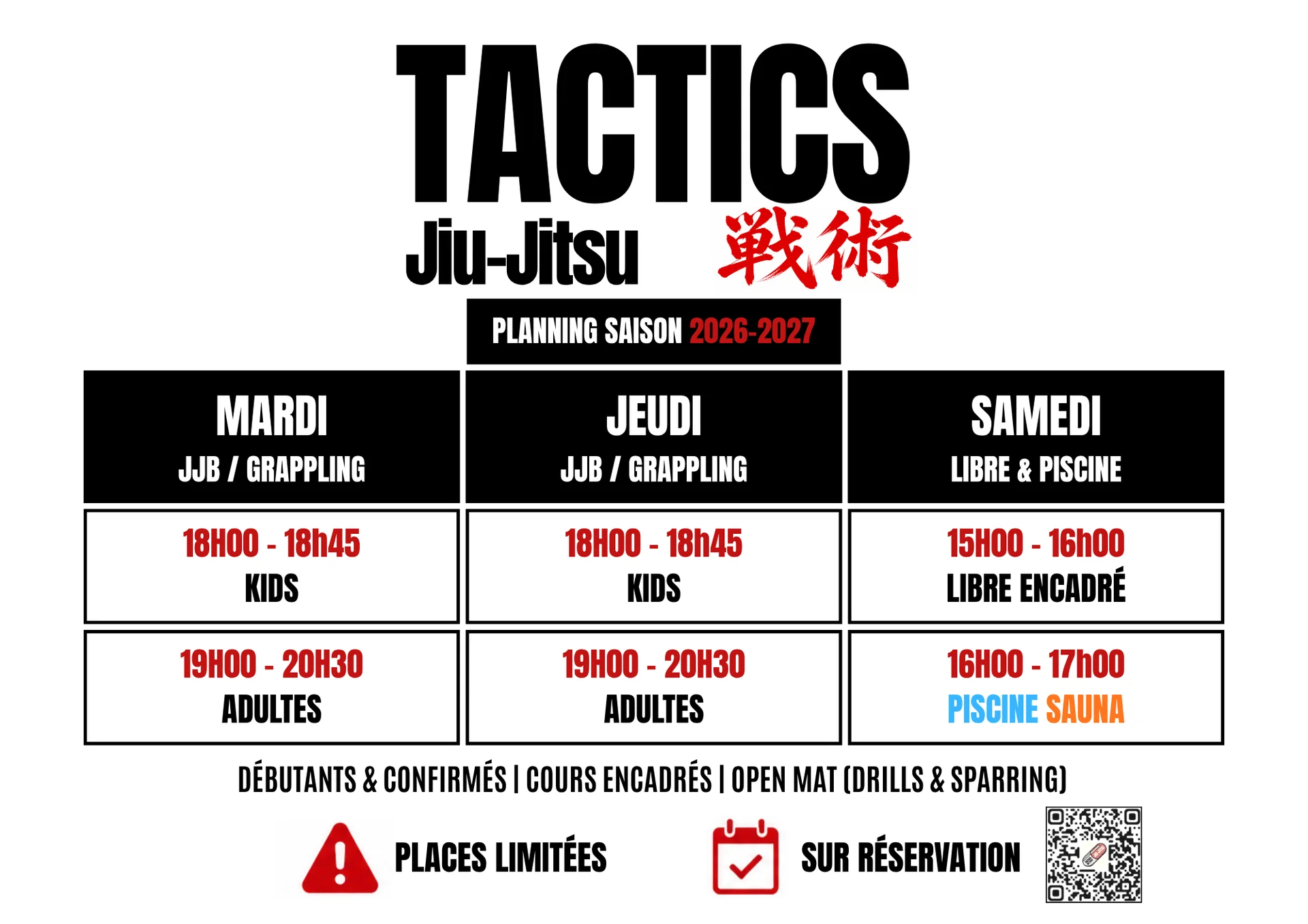 Affiche du planning de la saison 2026-2027 : mardi et jeudi JJB / grappling, kids 18h00-18h45 et adultes 19h00-20h30 ; samedi libre encadré 15h00-16h00 puis piscine et sauna 16h00-17h00.